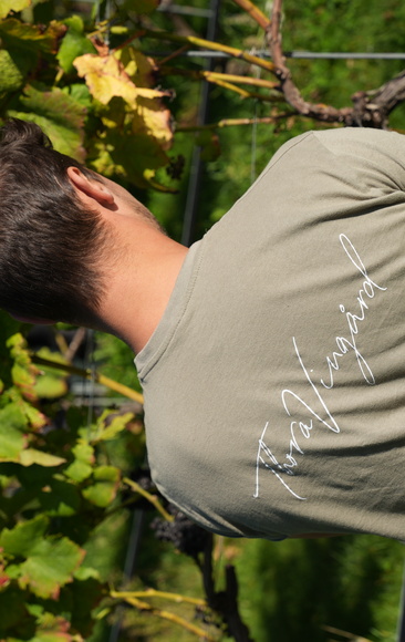 Bild på person med en t-shirt som har trycket "Thora Vingård" på ryggen.