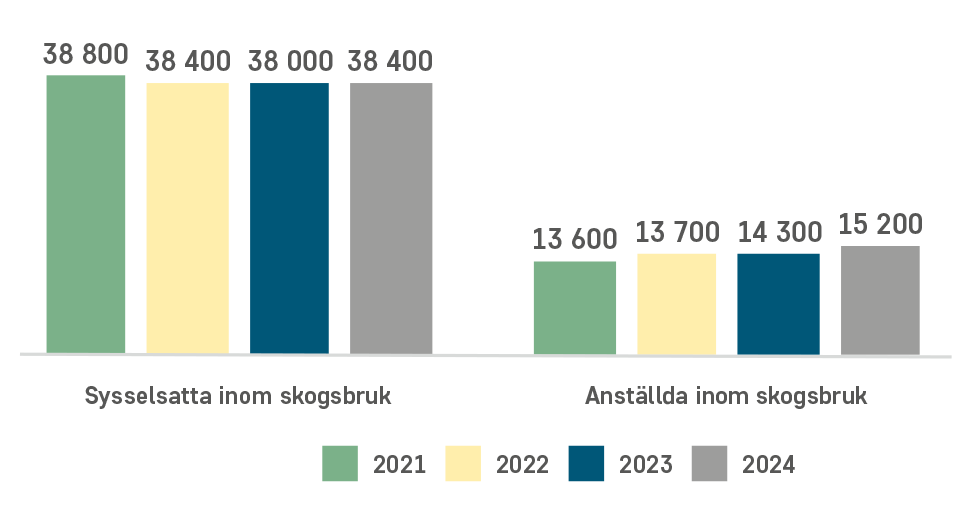 Antal sysselsatta och anställda inom skogsbruket 2021 till 2024.